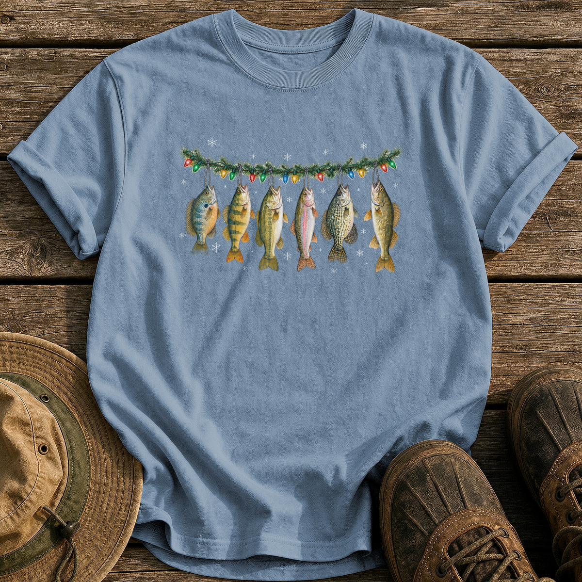 Christmas Fish Garland tee - Blue Jean - front
