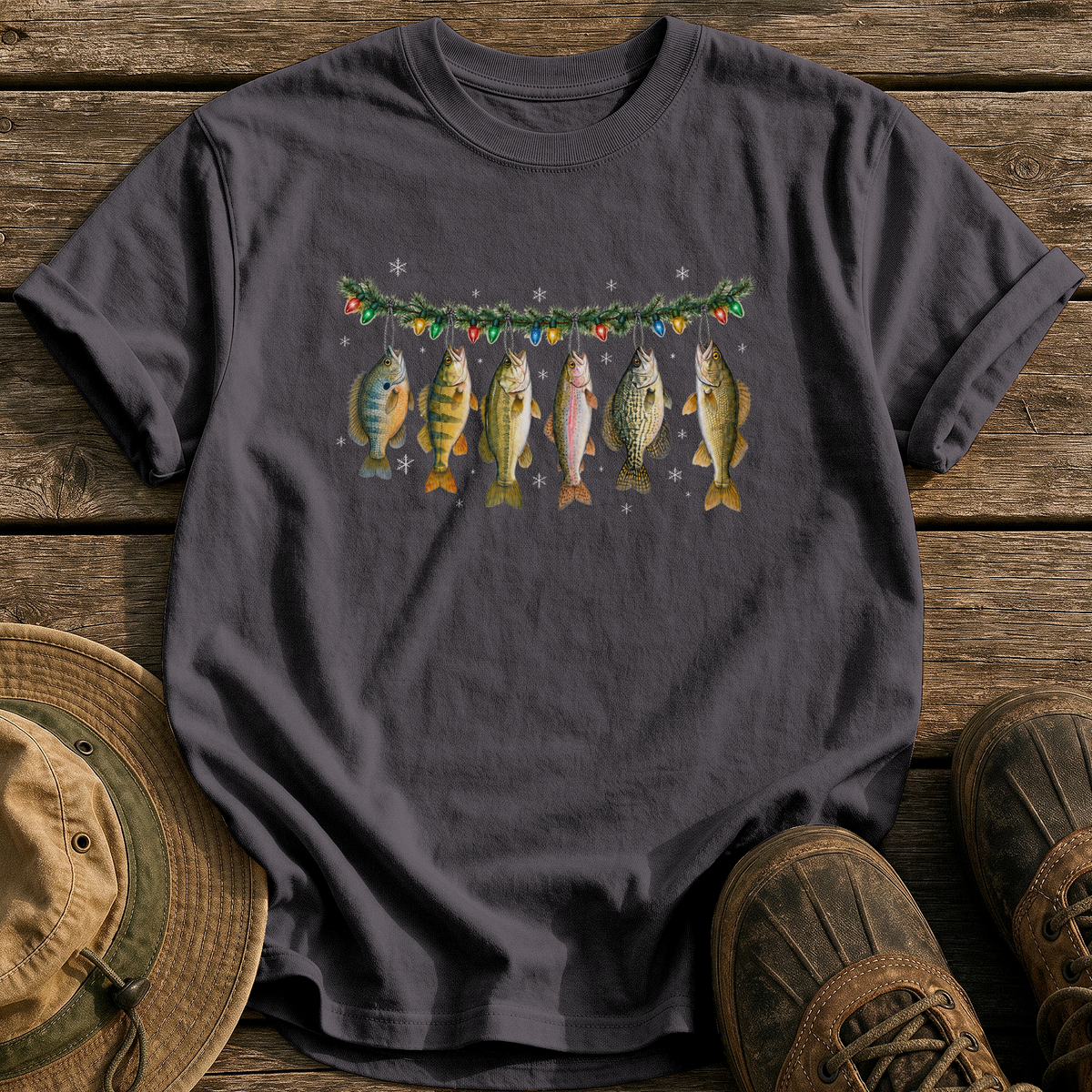 Christmas Fish Garland tee - Graphite - front