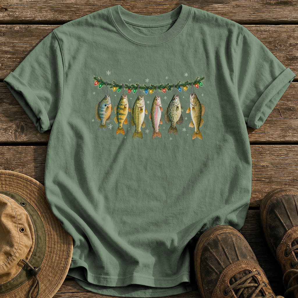 Christmas Fish Garland tee - Moss - front