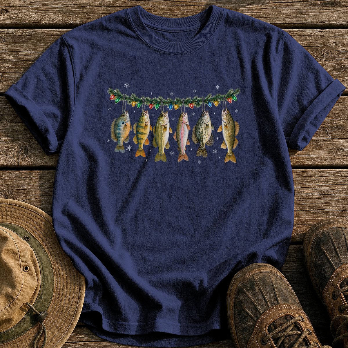 Christmas Fish Garland tee - True Navy - front