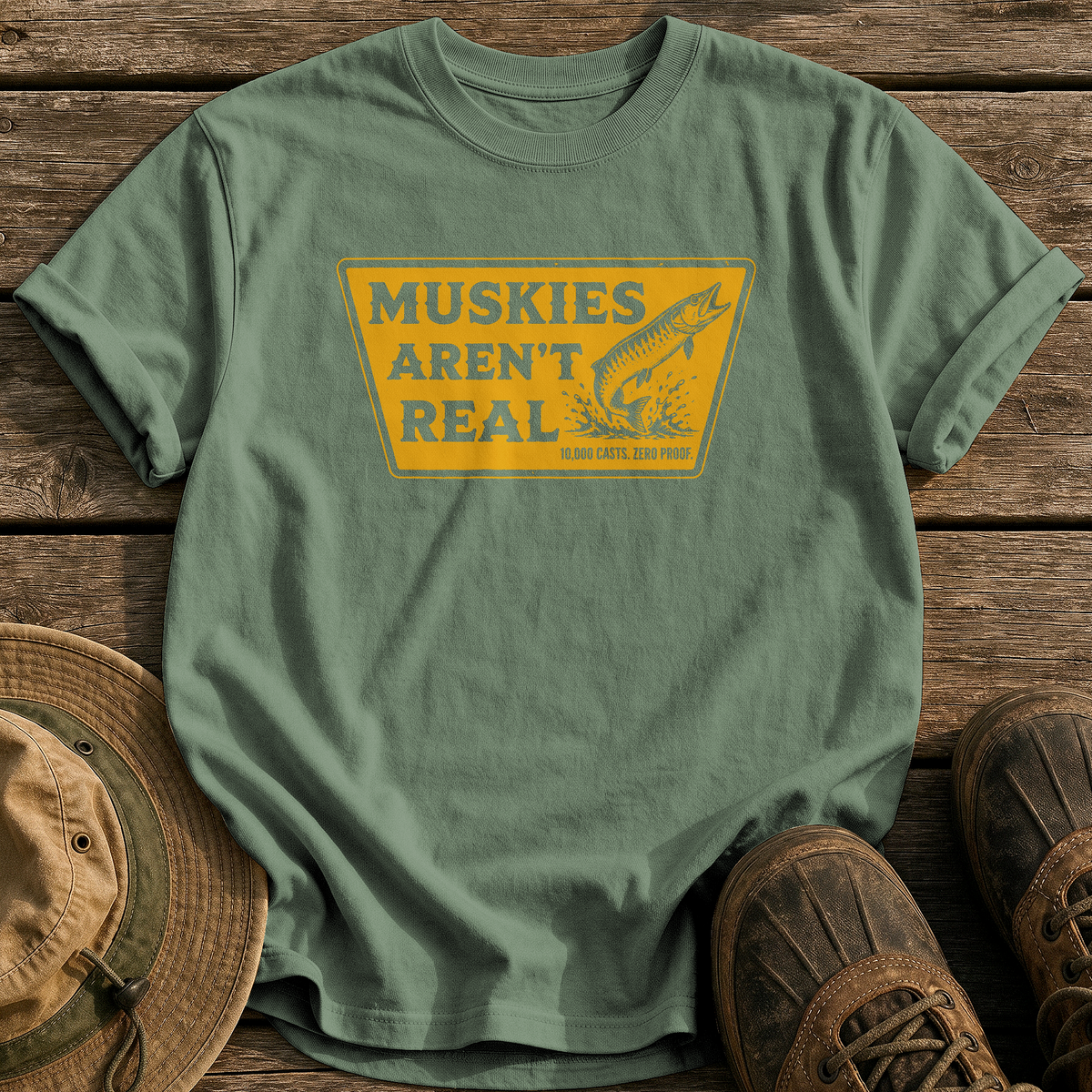 Muskies Aren't Real tee - Moss - front