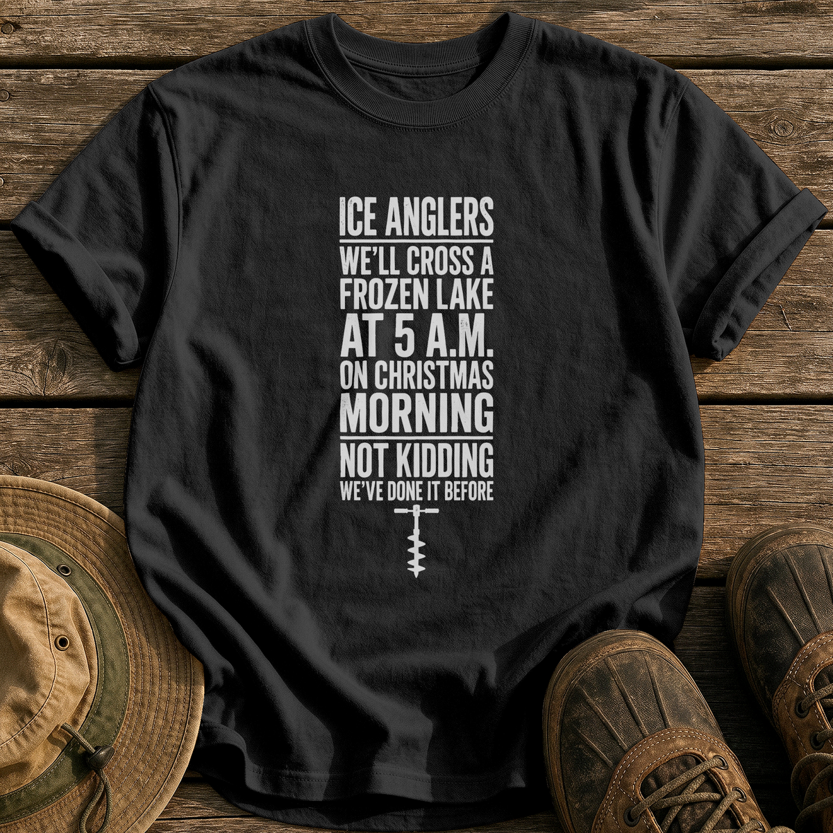 Ice Anglers, Christmas Morning tee - Black - front