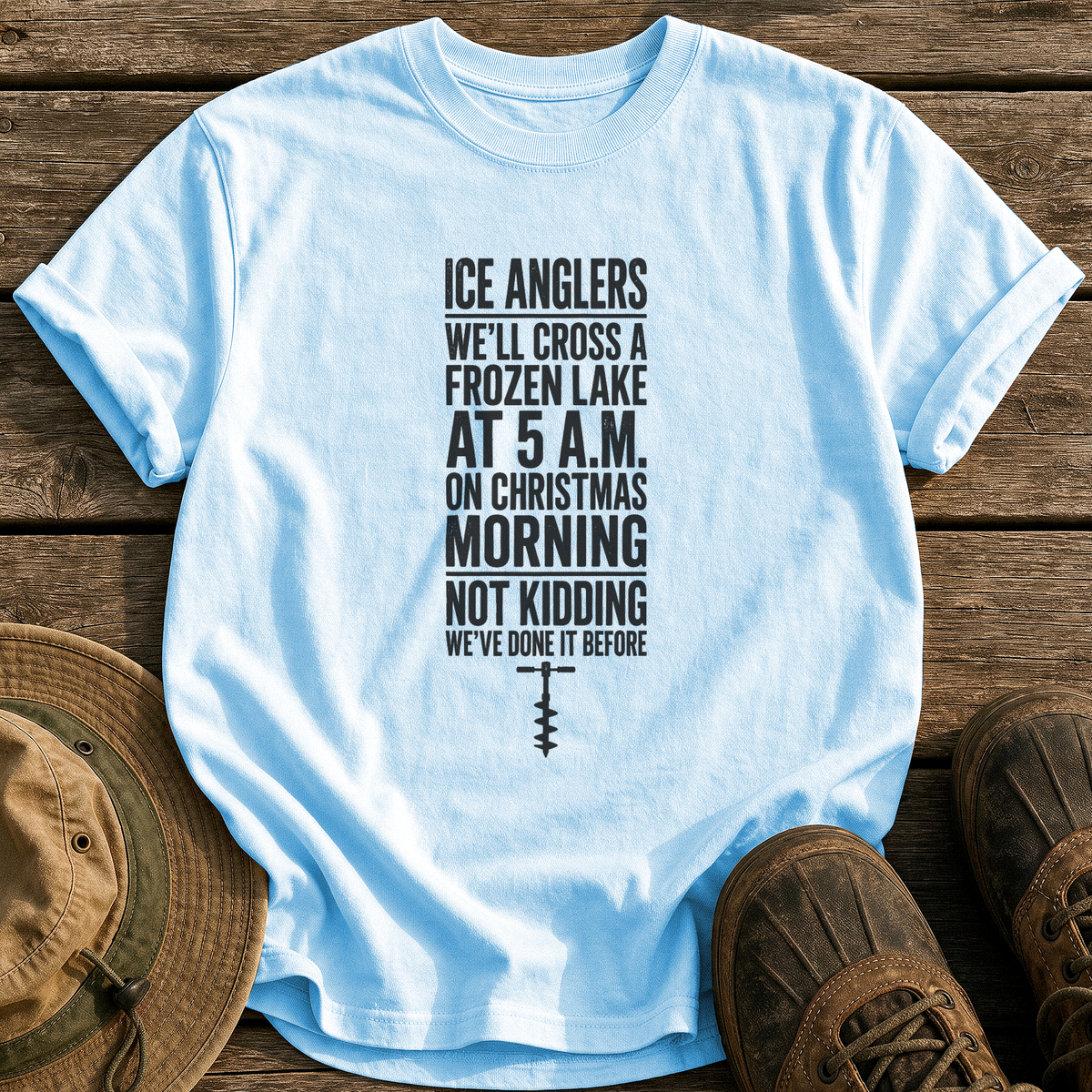 Ice Anglers, Christmas Morning tee - Chambray - front