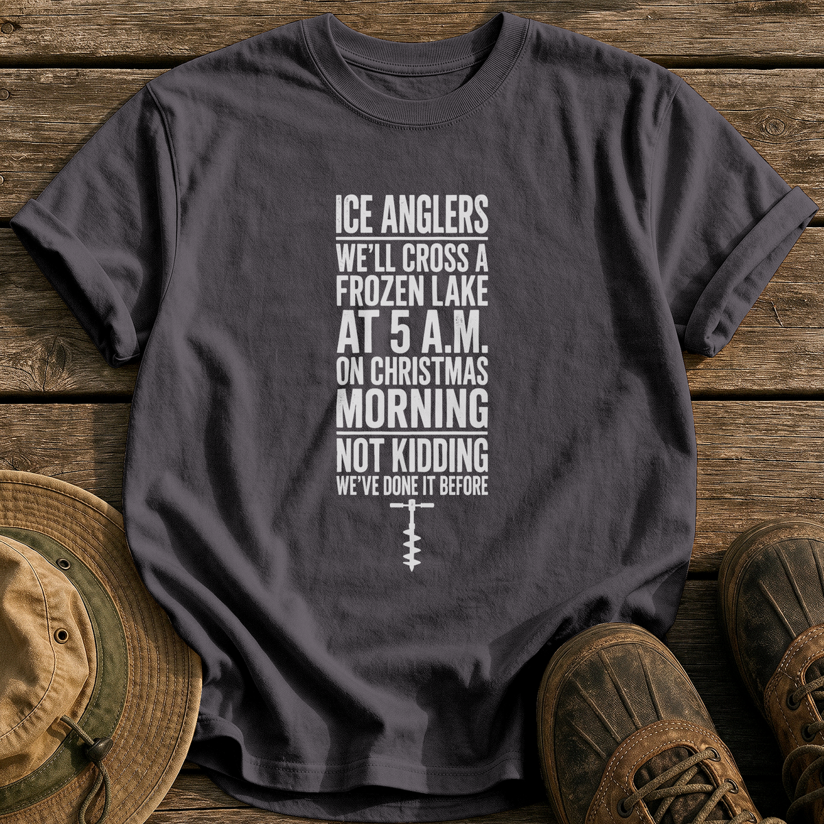 Ice Anglers, Christmas Morning tee - Graphite - front