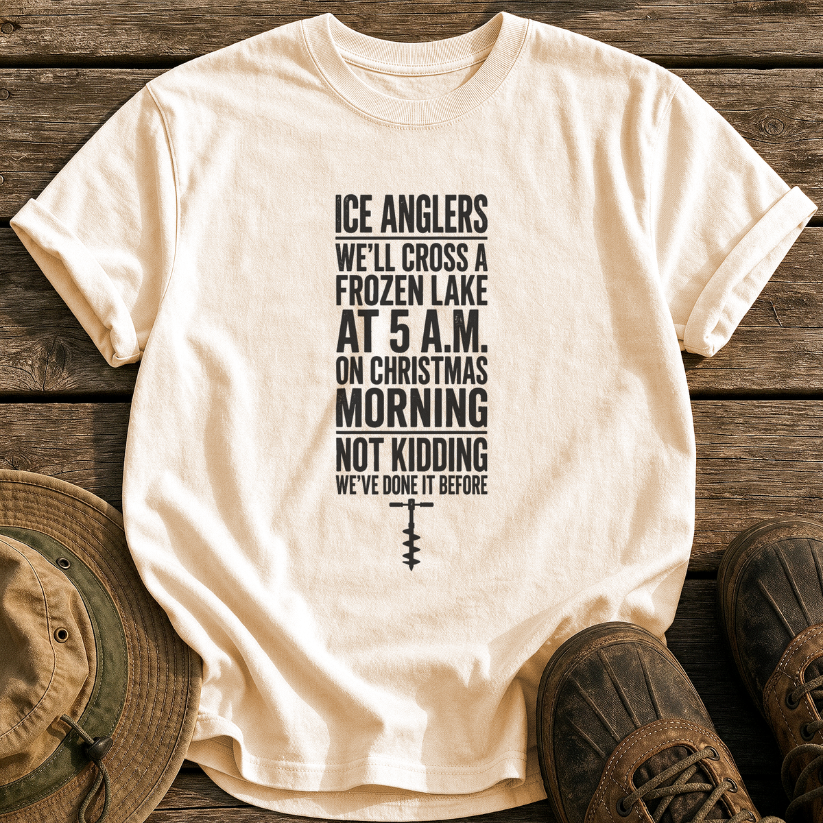 Ice Anglers, Christmas Morning tee - Ivory - front