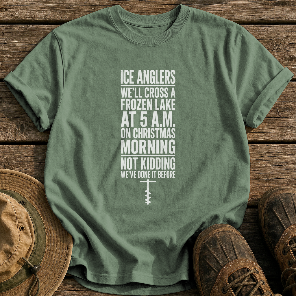 Ice Anglers, Christmas Morning tee - Moss - front