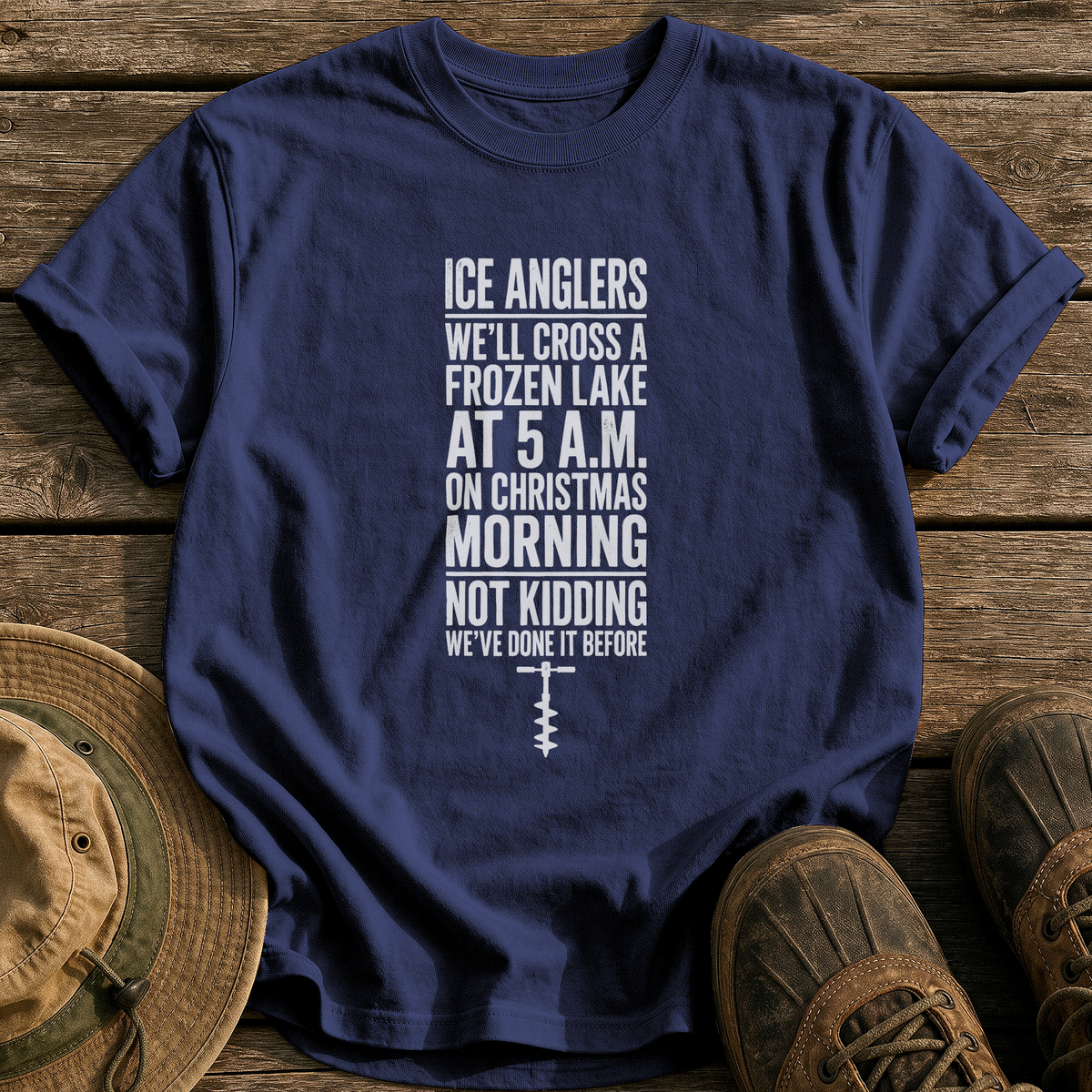 Ice Anglers, Christmas Morning tee - True Navy - front
