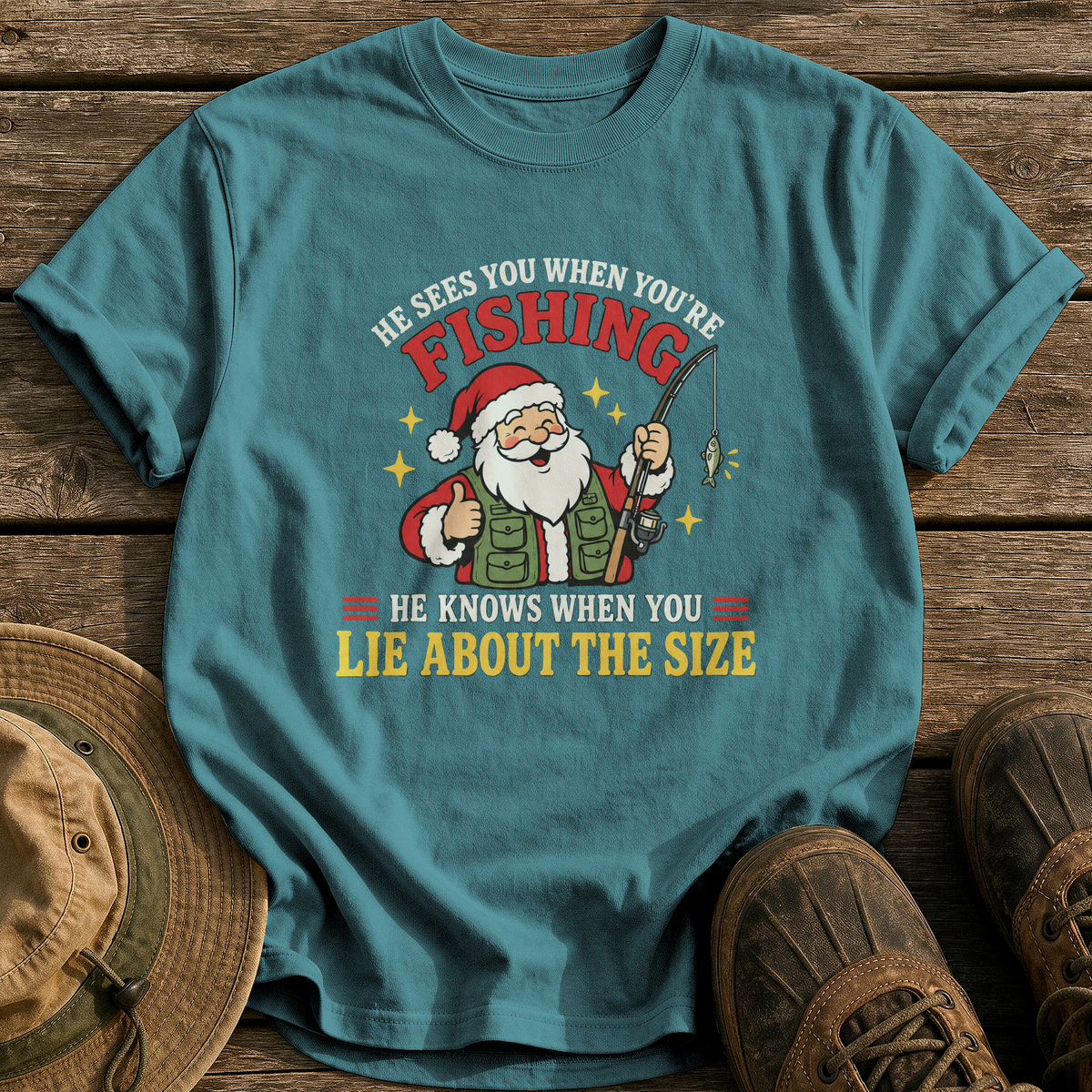 He Sees You Fishing tee - Blue Spruce - front