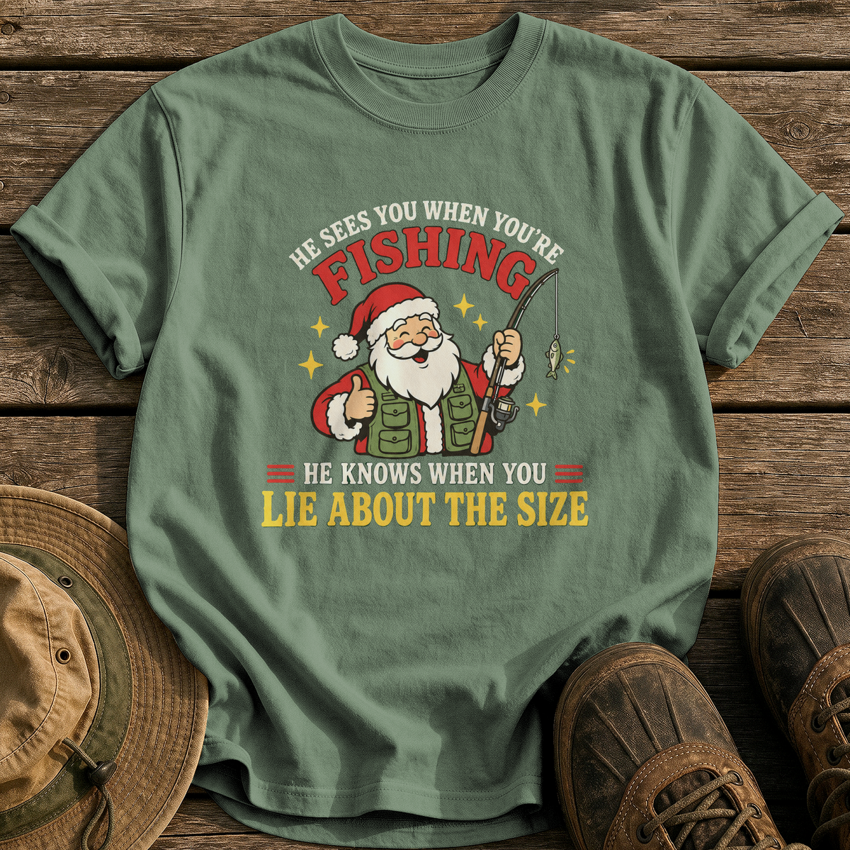 He Sees You Fishing tee - Moss - front