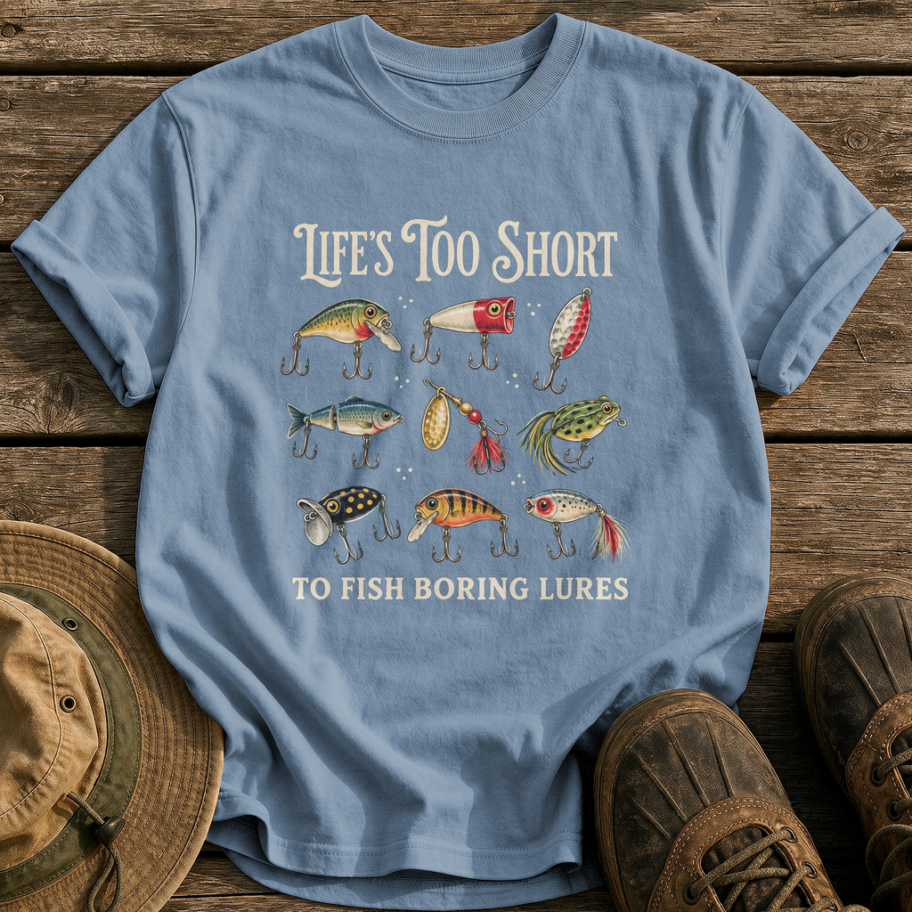 Life's Too Short, Boring Lures tee - Blue Jean - front