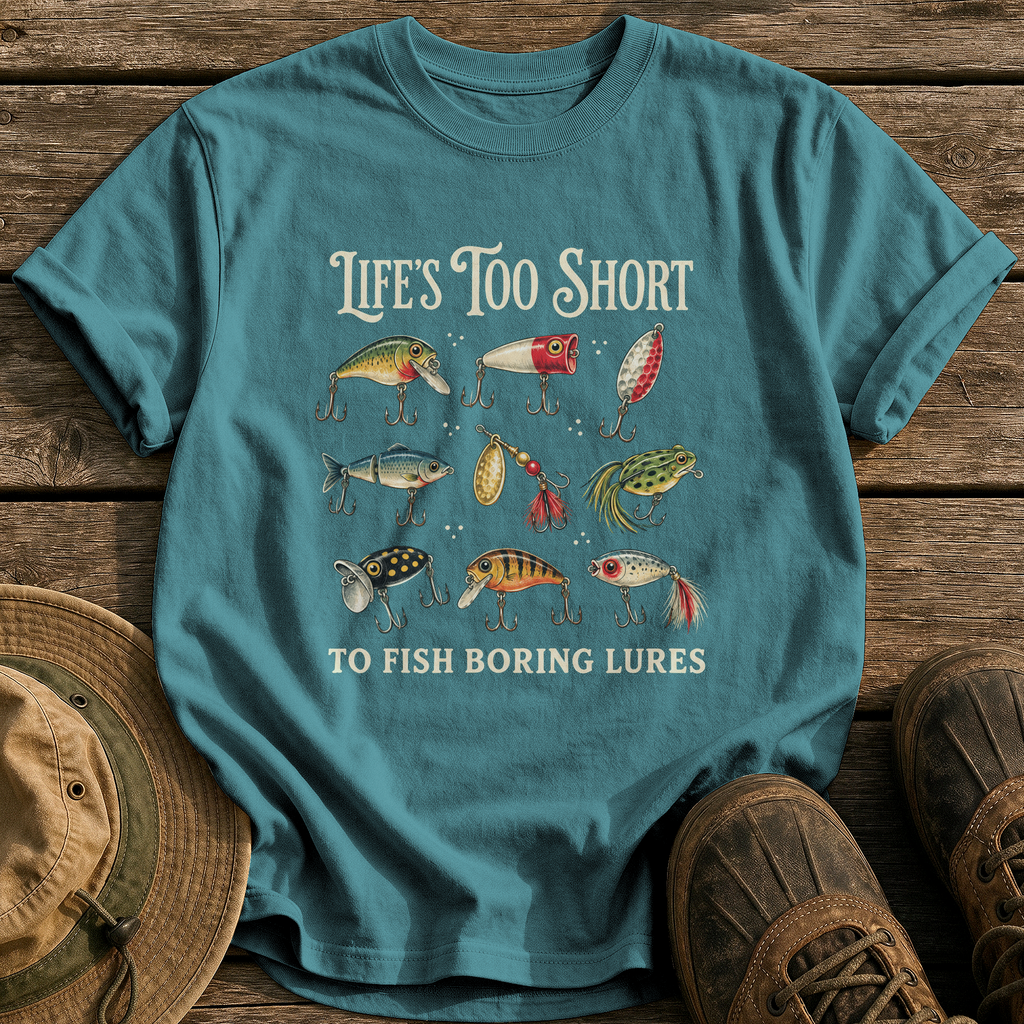 Life's Too Short, Boring Lures tee - Blue Spruce - front