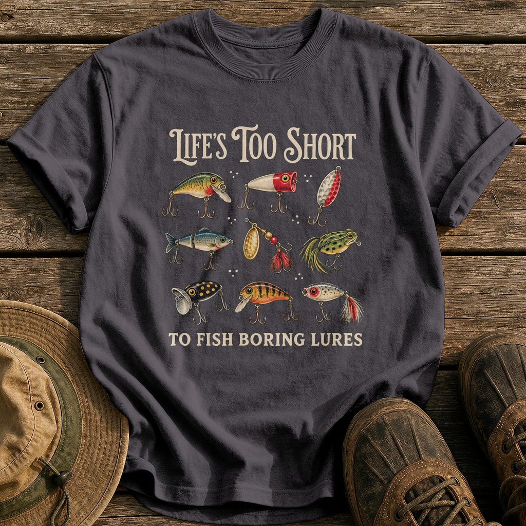 Life's Too Short, Boring Lures tee - Graphite - front