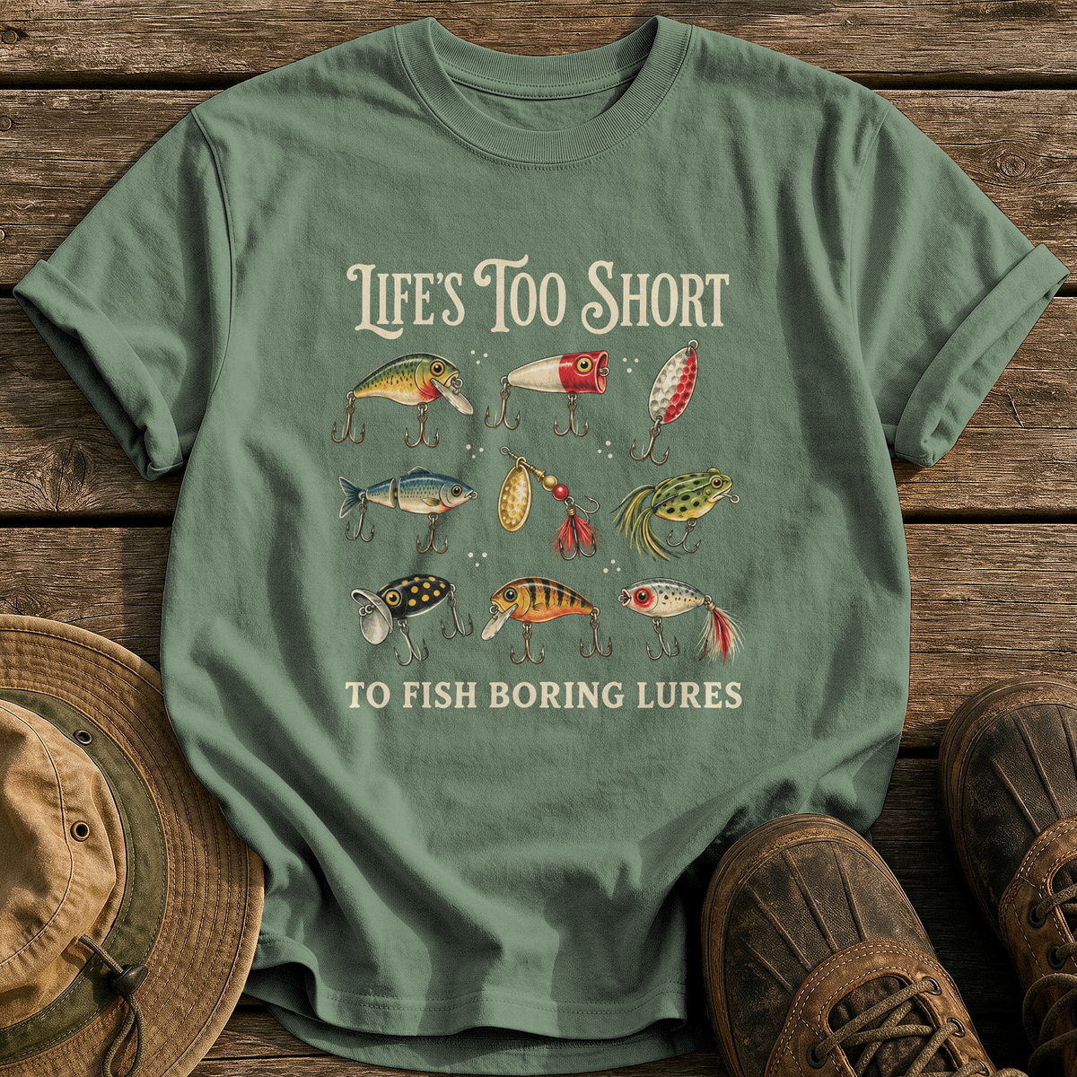 Life's Too Short, Boring Lures tee - Moss - front
