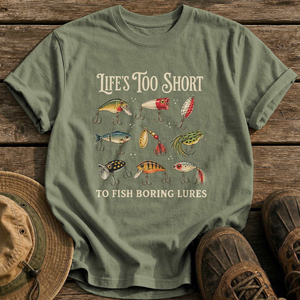 Life's Too Short, Boring Lures tee - Sage - front