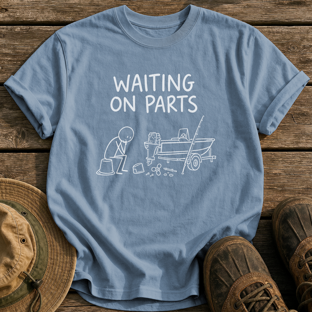 Waiting On Parts tee - Blue Jean - front