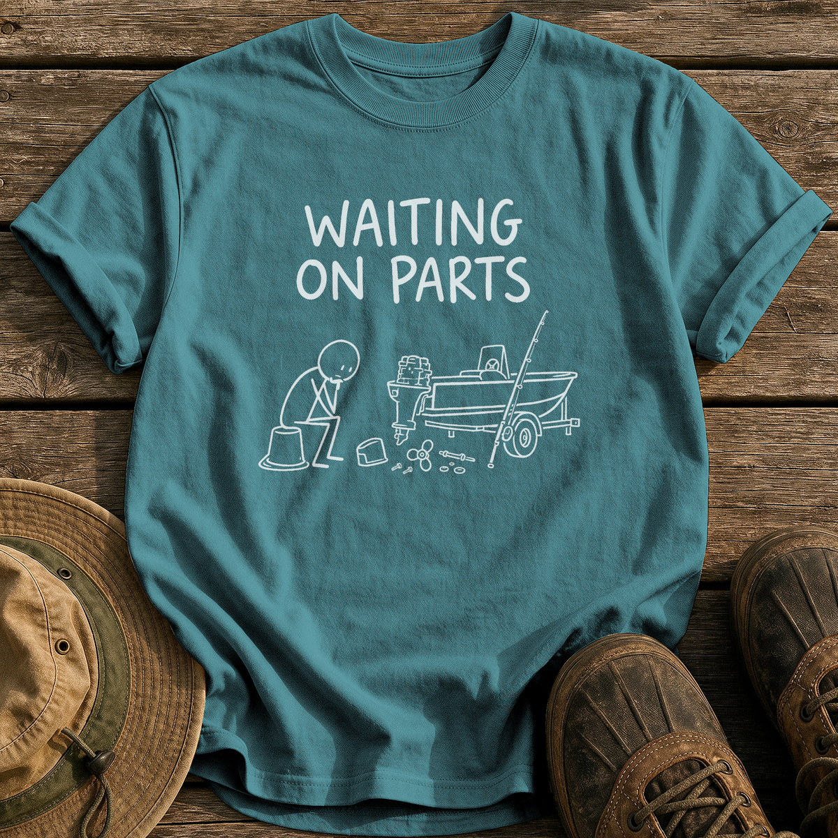Waiting On Parts tee - Blue Spruce - front