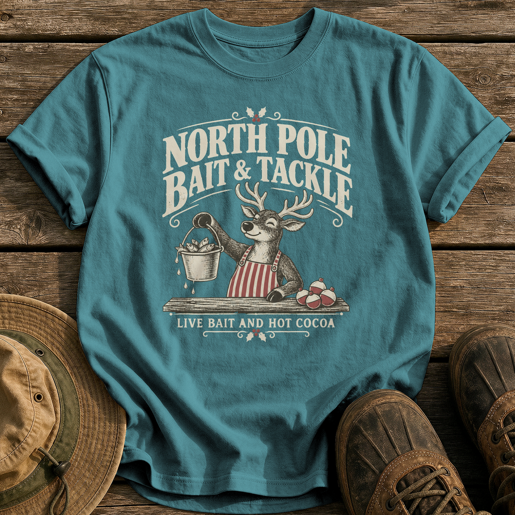 North Pole Bait & Tackle tee - Blue Spruce - front