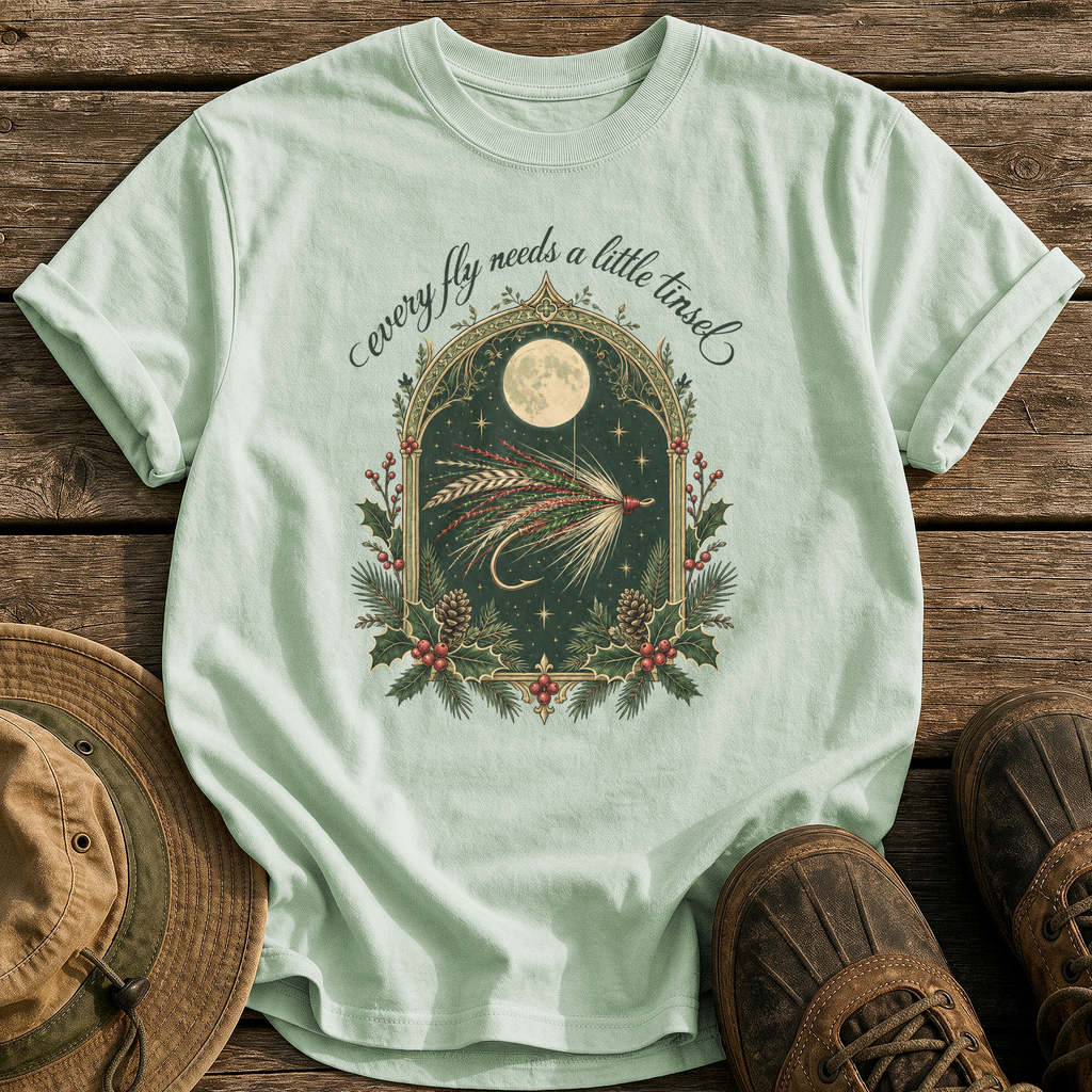 Every Fly Needs Tinsel tee - Bay - front