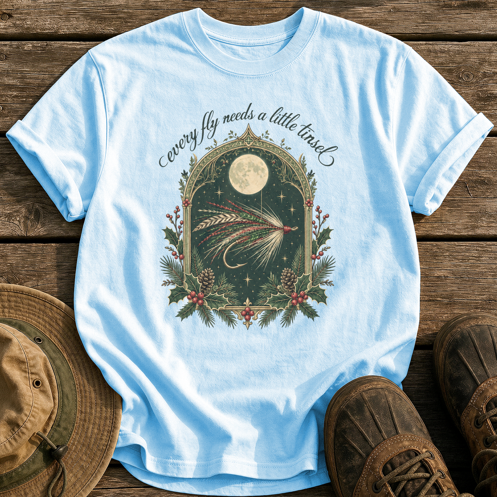 Every Fly Needs Tinsel tee - Chambray - front