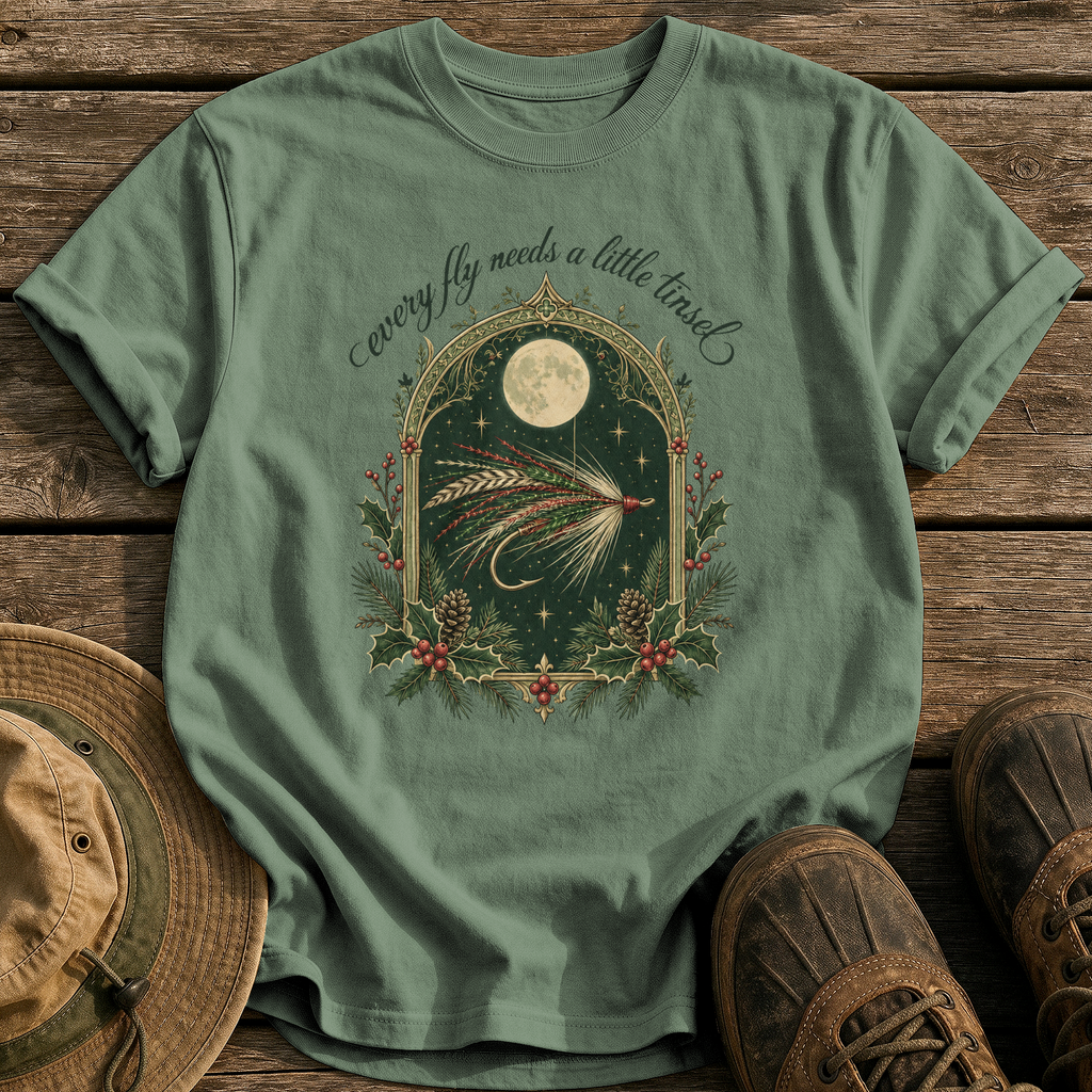 Every Fly Needs Tinsel tee - Moss - front
