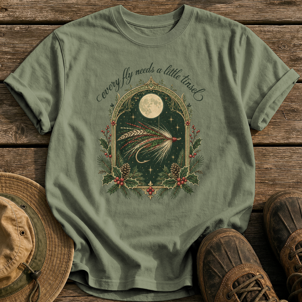 Every Fly Needs Tinsel tee - Sage - front