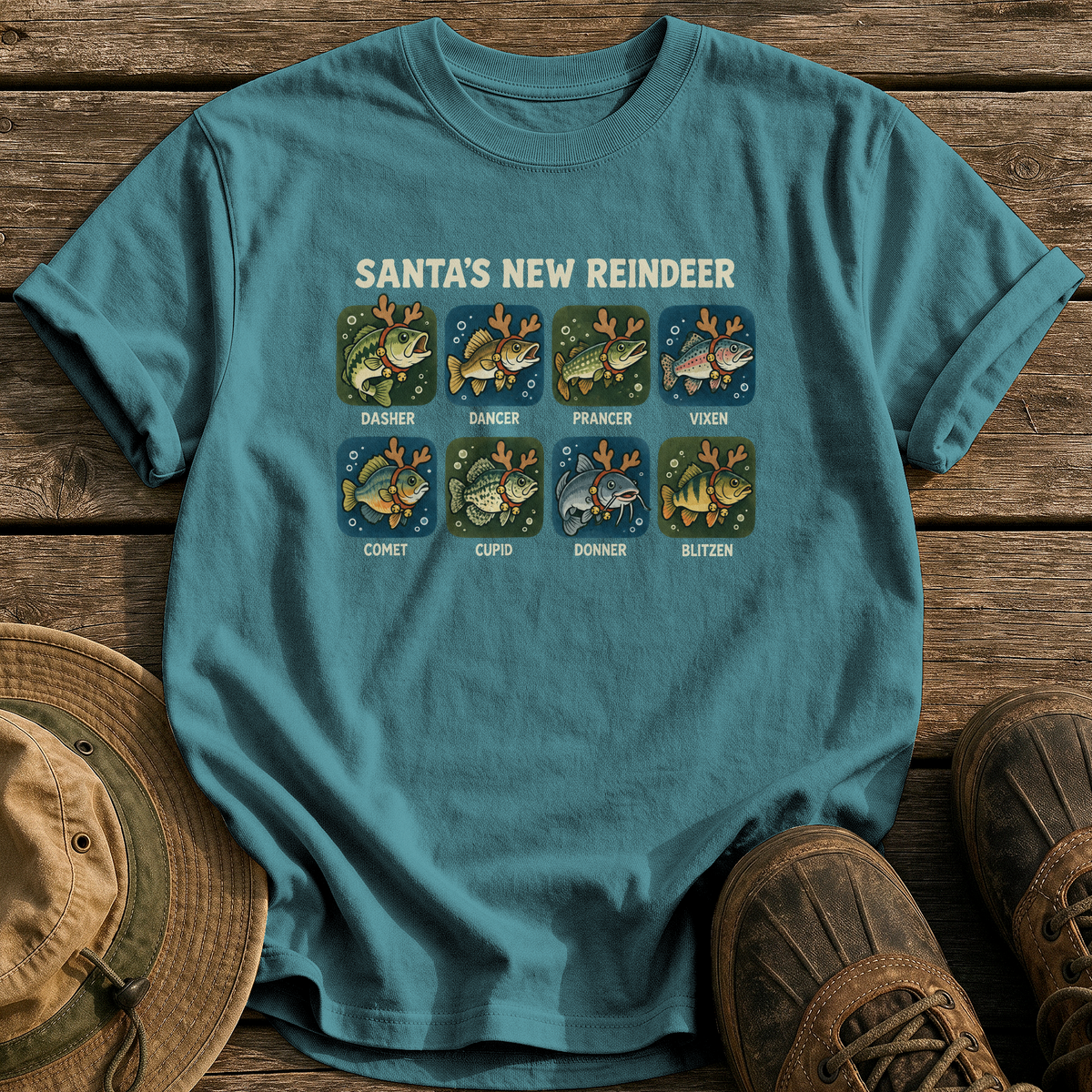 Santa's New Reindeer tee - Blue Spruce - front