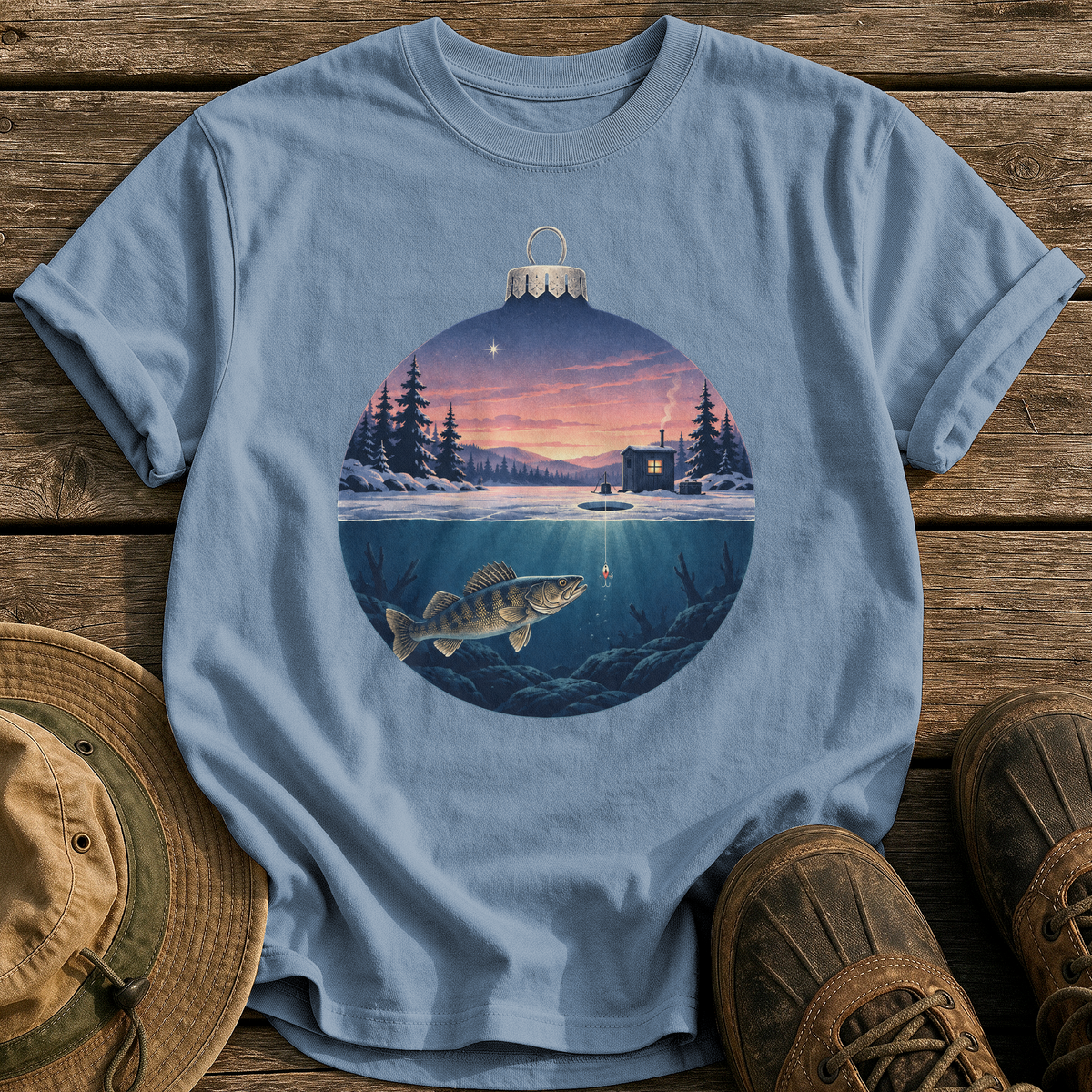 Ice Fishing Ornament tee - Blue Jean - front
