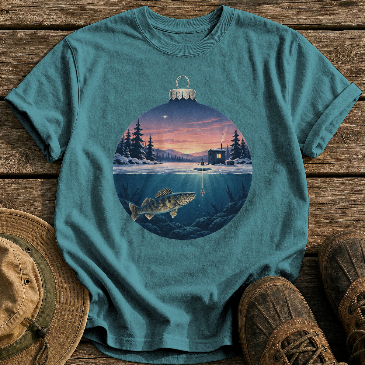 Ice Fishing Ornament tee - Blue Spruce - front