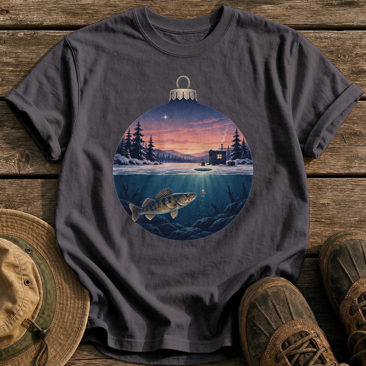 Ice Fishing Ornament tee - Graphite - front