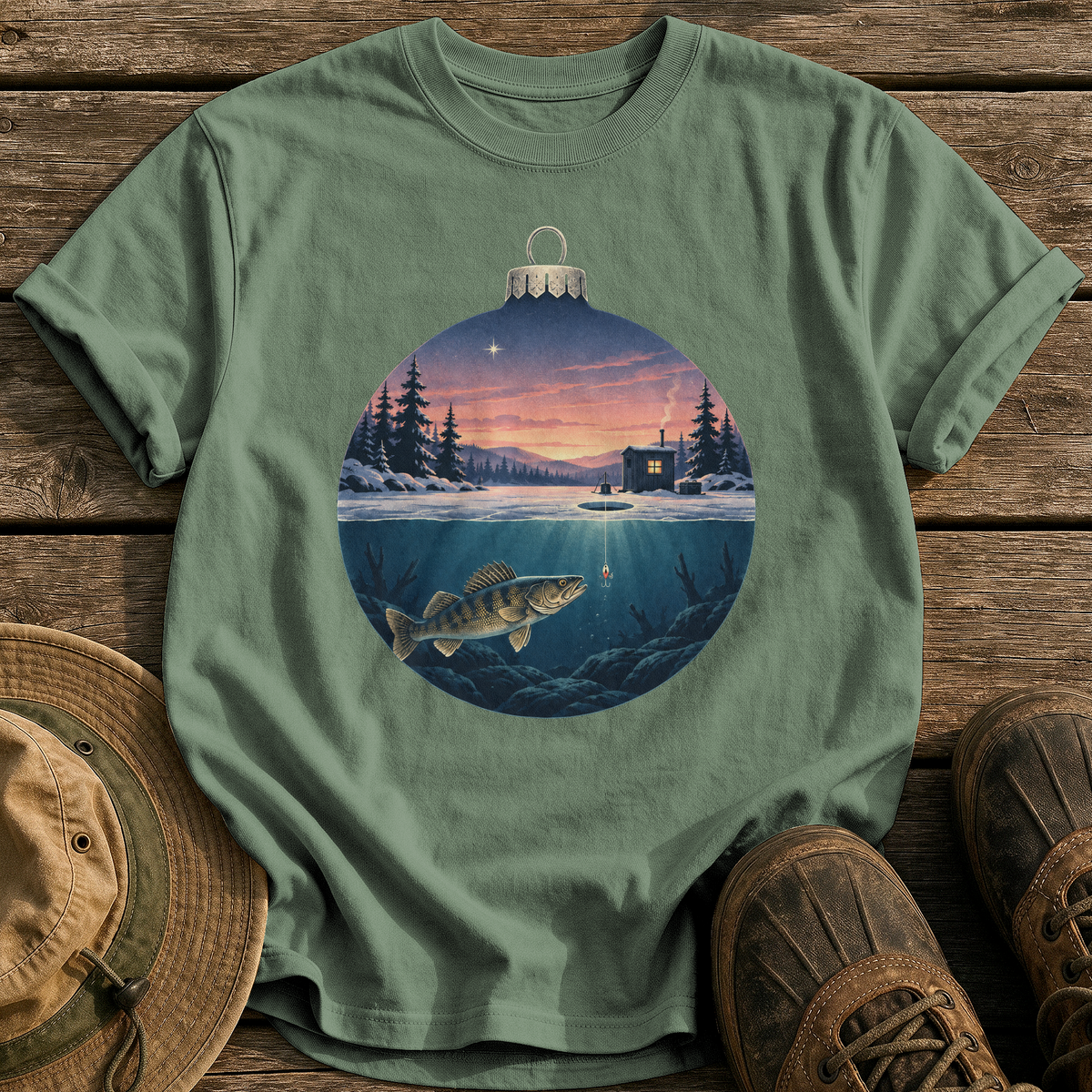 Ice Fishing Ornament tee - Moss - front