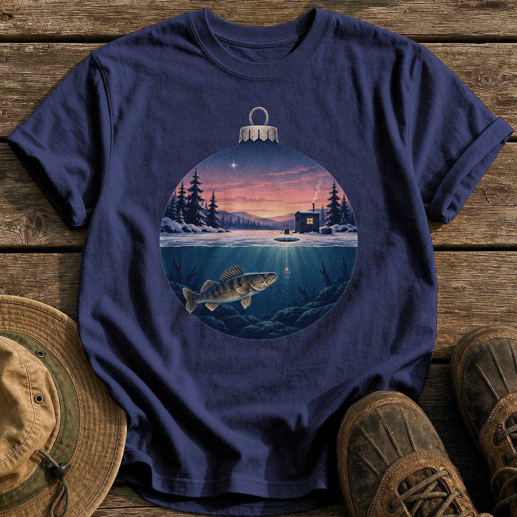 Ice Fishing Ornament tee - True Navy - front