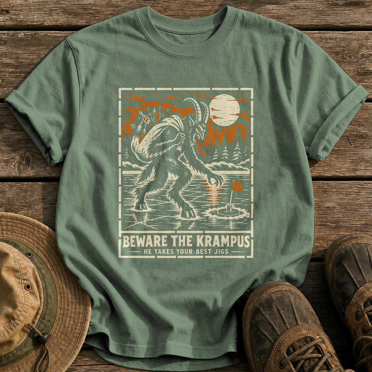 Beware The Krampus tee - Moss - front