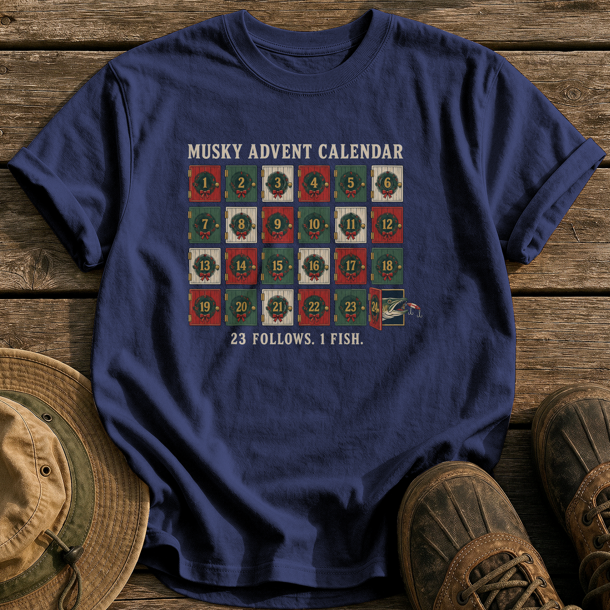 Musky Advent Calendar tee - True Navy - front