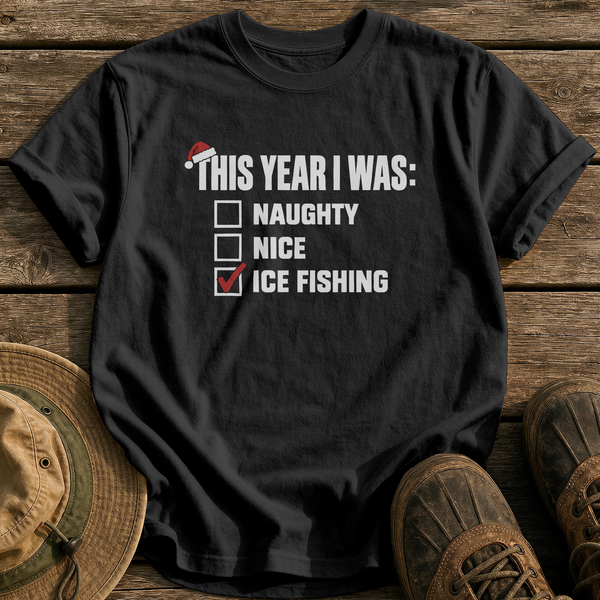 Naughty, Nice, Ice Fishing tee - Black - front