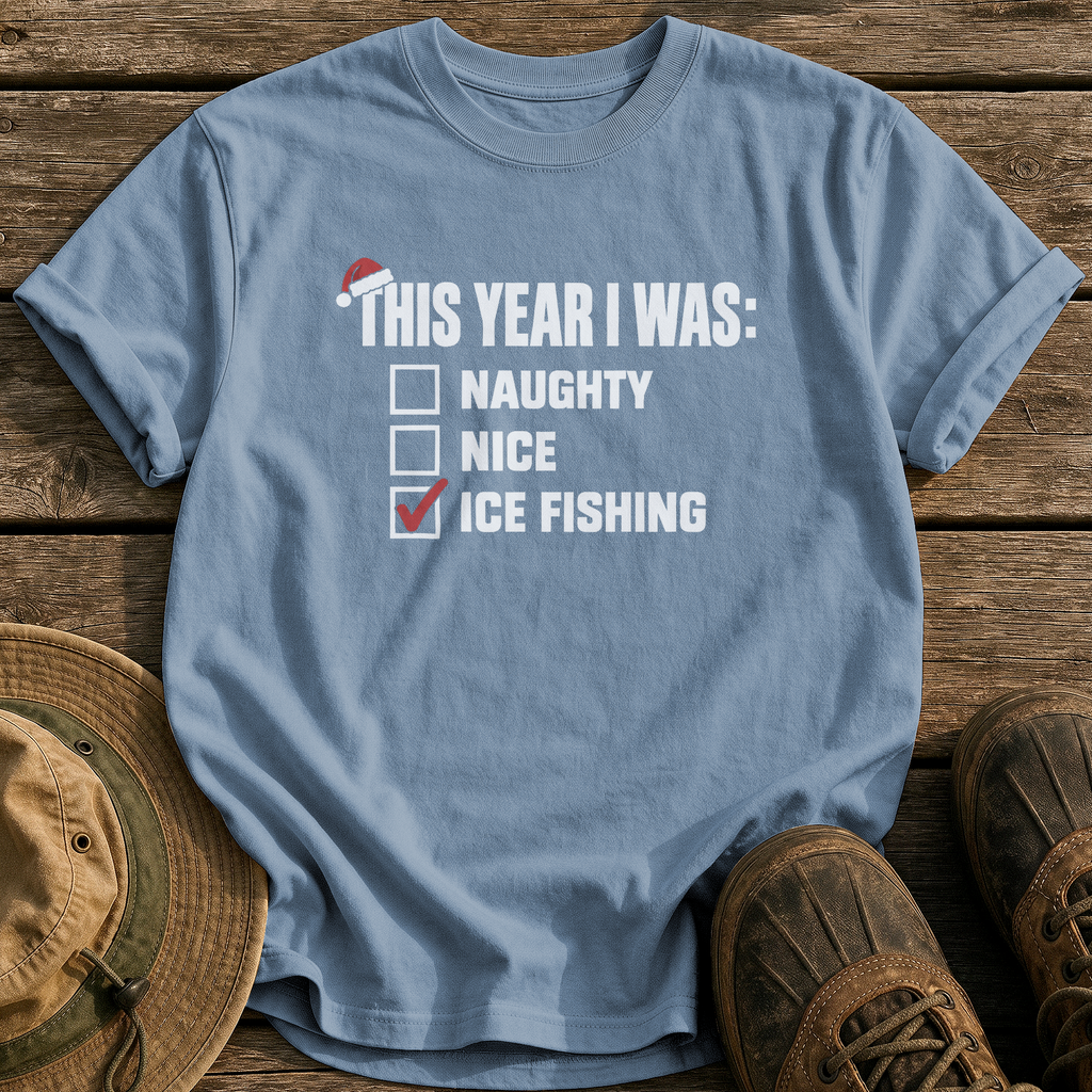 Naughty, Nice, Ice Fishing tee - Blue Jean - front
