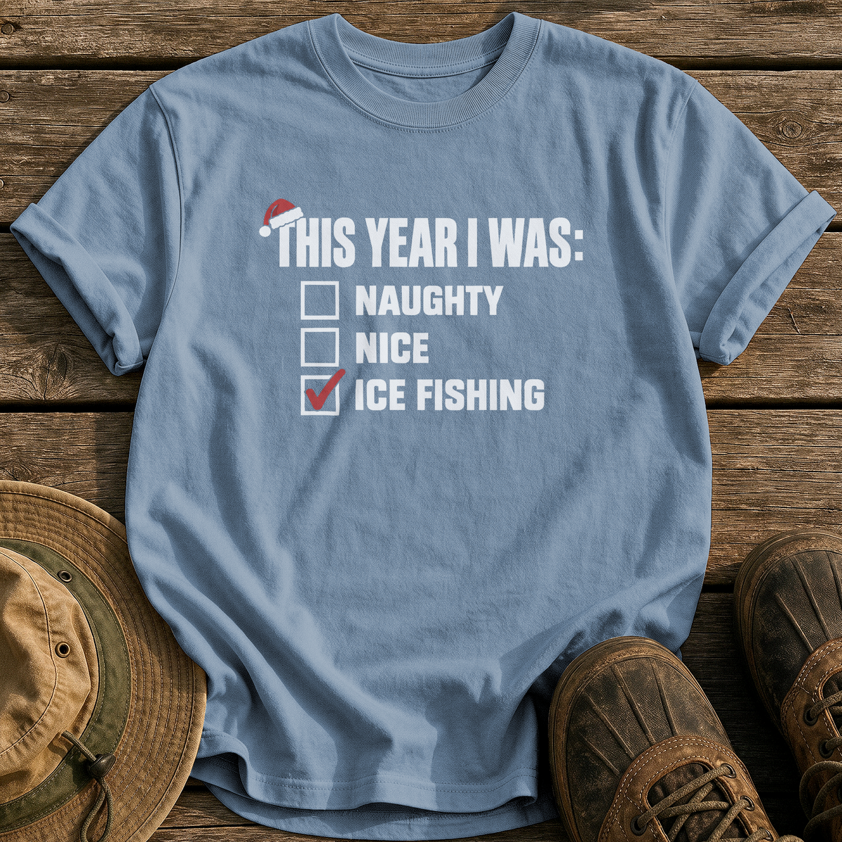 Naughty, Nice, Ice Fishing tee - Blue Jean - front