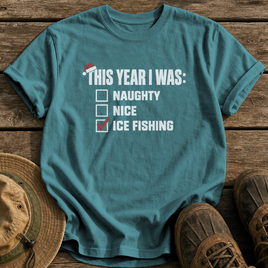Naughty, Nice, Ice Fishing tee - Blue Spruce - front