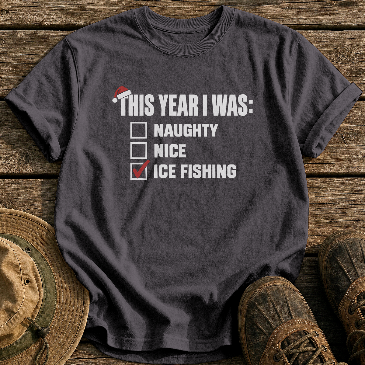 Naughty, Nice, Ice Fishing tee - Graphite - front