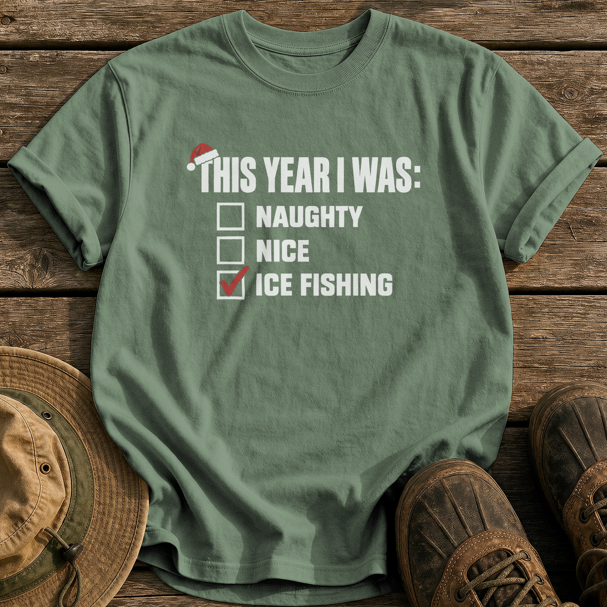 Naughty, Nice, Ice Fishing tee - Moss - front
