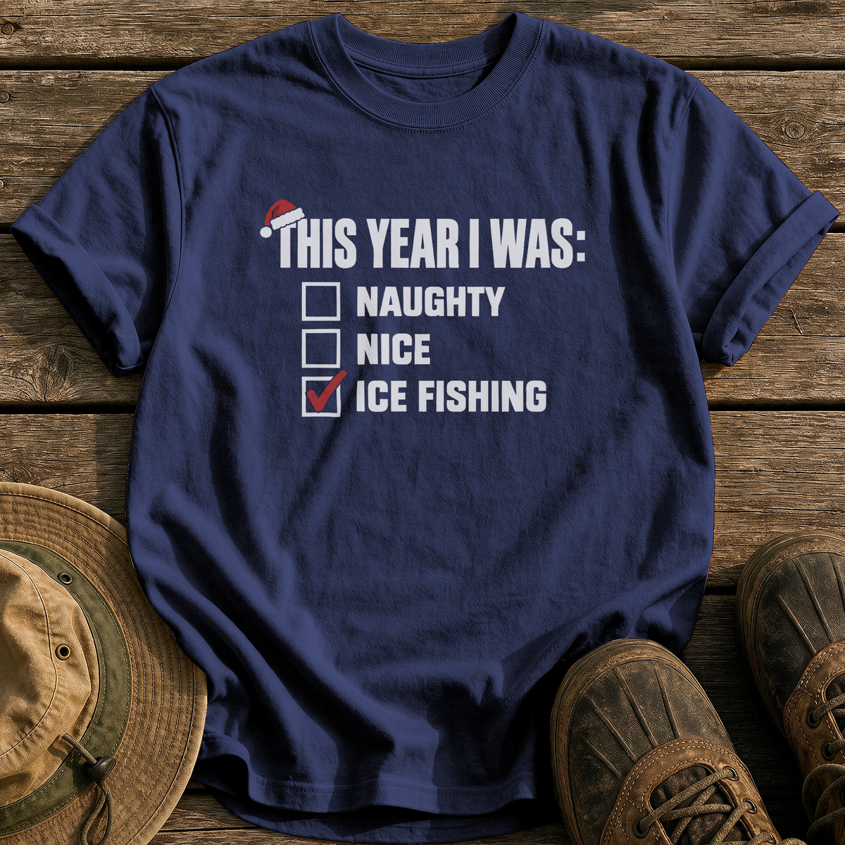 Naughty, Nice, Ice Fishing tee - True Navy - front