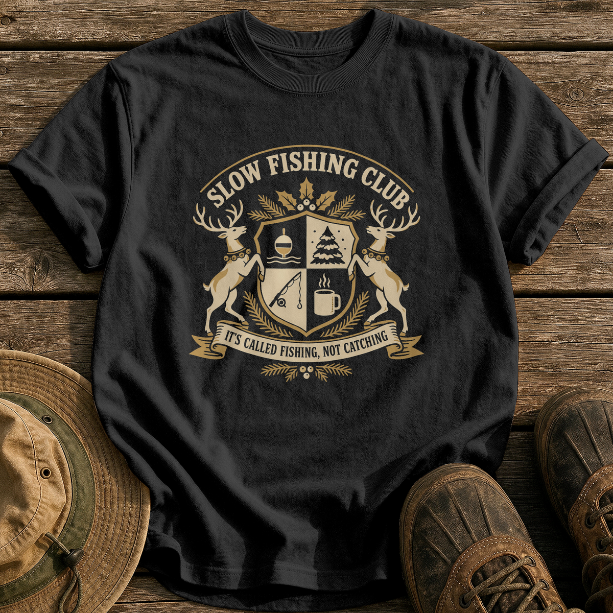 Slow Fishing Club Crest tee - Black - front