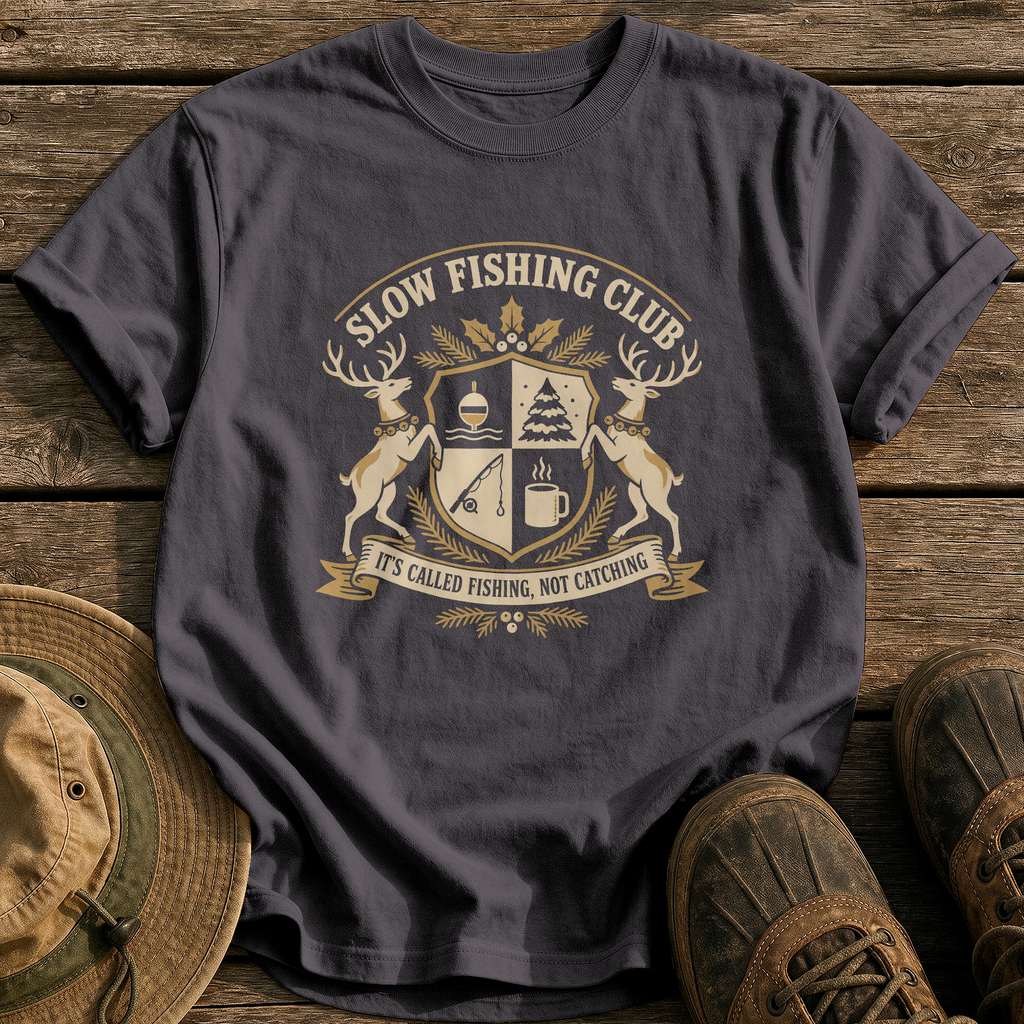 Slow Fishing Club Crest tee - Graphite - front