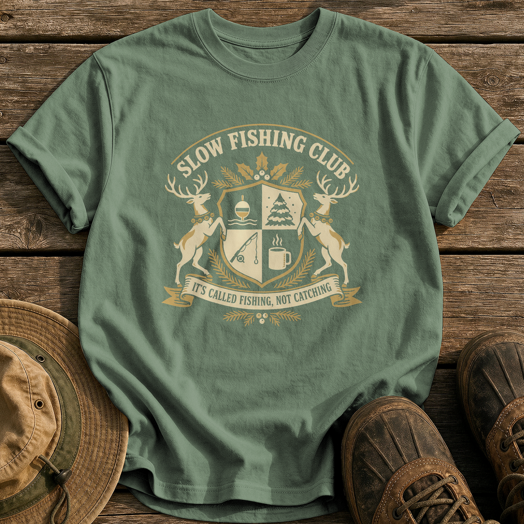 Slow Fishing Club Crest tee - Moss - front