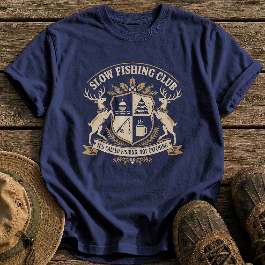 Slow Fishing Club Crest tee - True Navy - front