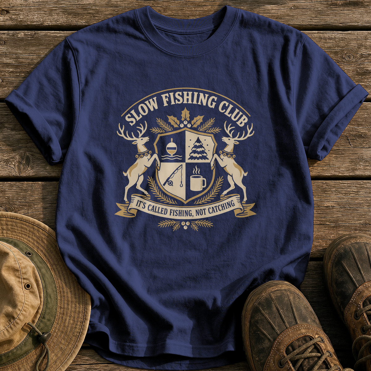 Slow Fishing Club Crest tee - True Navy - front