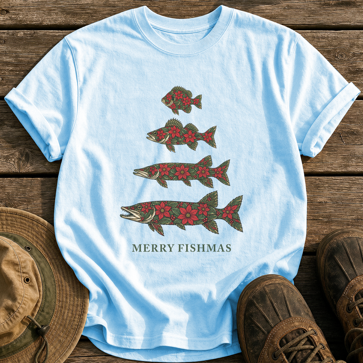 Poinsettia Fish Tree tee - Chambray - front