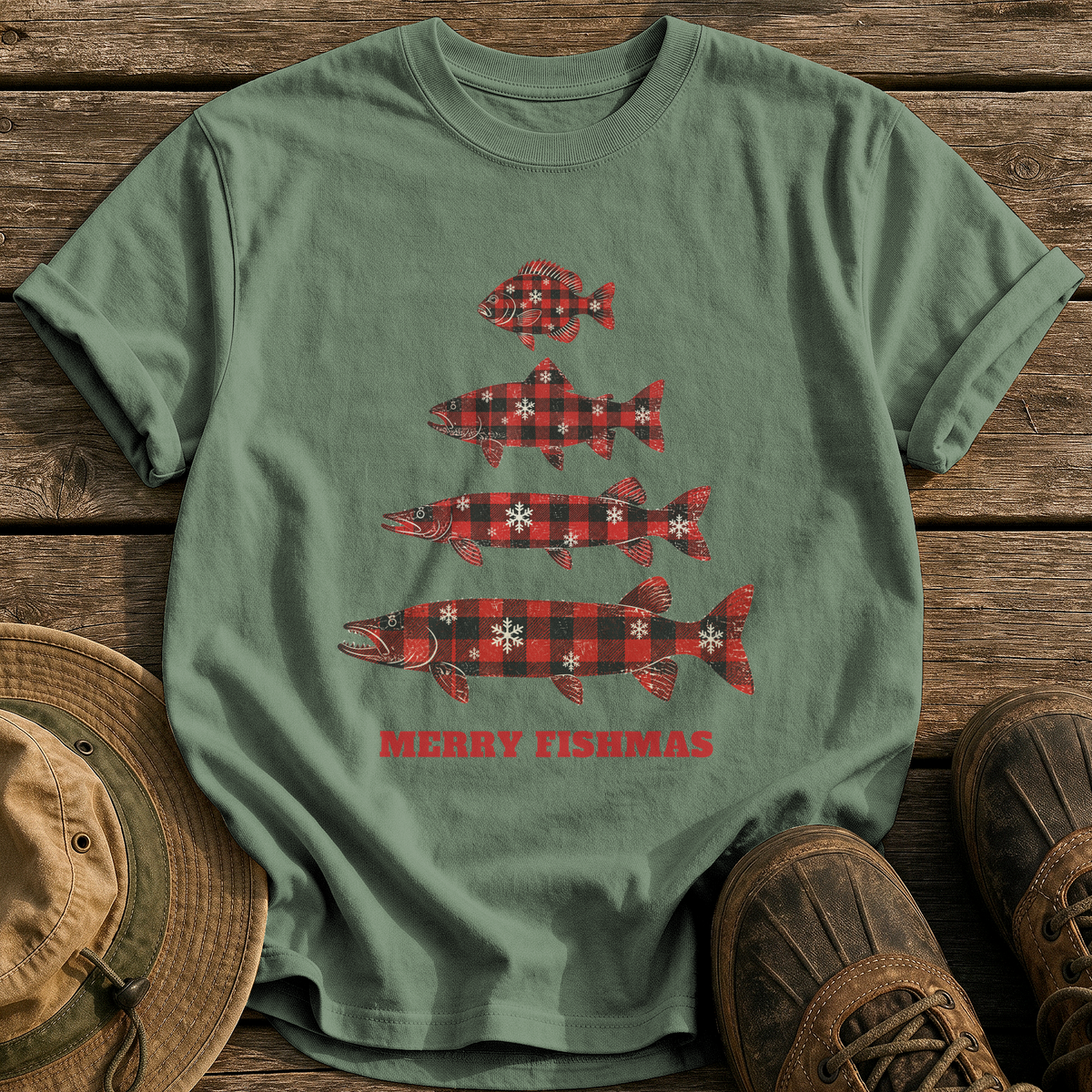 Flannel Fish Tree tee - Moss - front