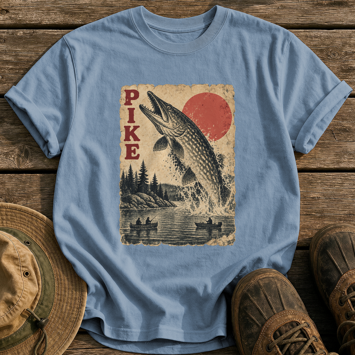 Pike Monster Poster tee - Blue Jean - front