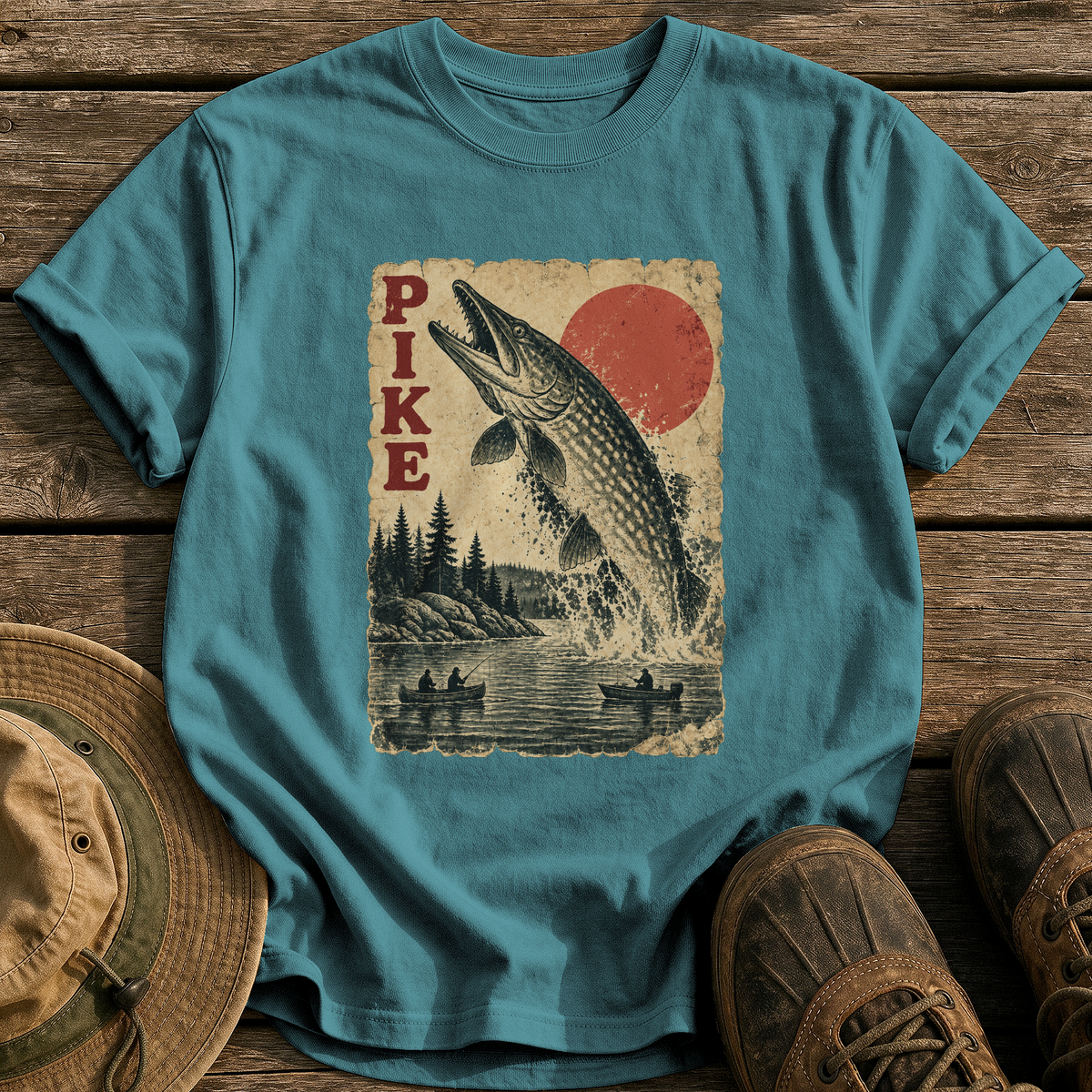 Pike Monster Poster tee - Blue Spruce - front