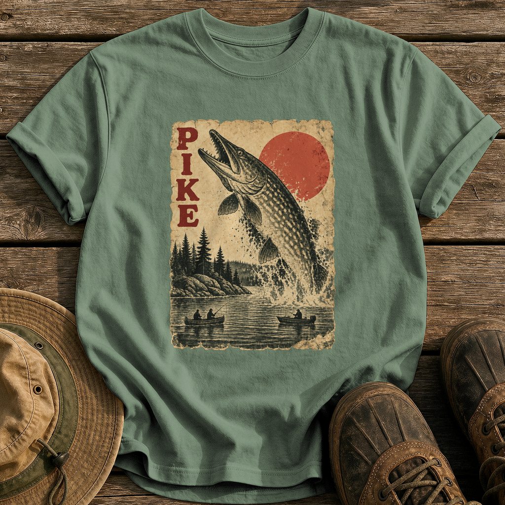 Pike Monster Poster tee - Moss - front